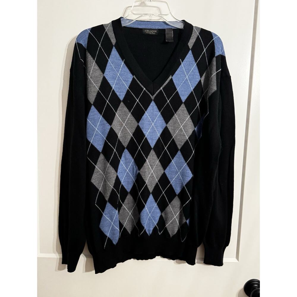 Cellini Argyle Sweater Blue Navy Wool Blend Sz XXL Made In Italy Work Winter